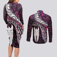New Zealand Aotearoa Couples Matching Long Sleeve Bodycon Dress and Long Sleeve Button Shirt Maori Hei Rehua Paua Shell Glitter Pink LT05 - Polynesian Pride