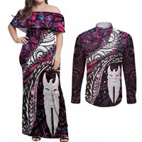 New Zealand Aotearoa Couples Matching Off Shoulder Maxi Dress and Long Sleeve Button Shirt Maori Hei Rehua Paua Shell Glitter Pink LT05 Pink - Polynesian Pride