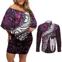 New Zealand Aotearoa Couples Matching Off Shoulder Short Dress and Long Sleeve Button Shirt Maori Hei Rehua Paua Shell Glitter Pink LT05 Pink - Polynesian Pride