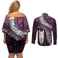 New Zealand Aotearoa Couples Matching Off Shoulder Short Dress and Long Sleeve Button Shirt Maori Hei Rehua Paua Shell Glitter Pink LT05 - Polynesian Pride