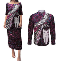 New Zealand Aotearoa Couples Matching Puletasi and Long Sleeve Button Shirt Maori Hei Rehua Paua Shell Glitter Pink LT05 Pink - Polynesian Pride