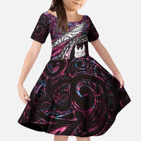 New Zealand Aotearoa Family Matching Off The Shoulder Long Sleeve Dress and Hawaiian Shirt Maori Hei Rehua Paua Shell Glitter Pink LT05 Daughter's Dress Pink - Polynesian Pride