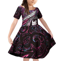 New Zealand Aotearoa Family Matching Off Shoulder Short Dress and Hawaiian Shirt Maori Hei Rehua Paua Shell Glitter Pink LT05 Daughter's Dress Pink - Polynesian Pride