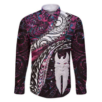 New Zealand Aotearoa Family Matching Off Shoulder Short Dress and Hawaiian Shirt Maori Hei Rehua Paua Shell Glitter Pink LT05 Dad's Shirt - Long Sleeve Pink - Polynesian Pride