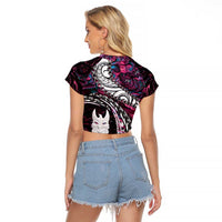 New Zealand Aotearoa Raglan Cropped T Shirt Maori Hei Rehua Paua Shell Glitter Pink LT05 - Polynesian Pride