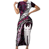 New Zealand Aotearoa Short Sleeve Bodycon Dress Maori Hei Rehua Paua Shell Glitter Pink LT05 Long Dress Pink - Polynesian Pride