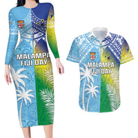 Personalised Happy Malampa Fiji Day Couples Matching Long Sleeve Bodycon Dress and Hawaiian Shirt Half Mix Style LT05 Blue - Polynesian Pride
