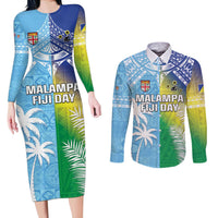 Personalised Happy Malampa Fiji Day Couples Matching Long Sleeve Bodycon Dress and Long Sleeve Button Shirt Half Mix Style LT05 Blue - Polynesian Pride