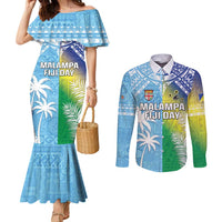 Personalised Happy Malampa Fiji Day Couples Matching Mermaid Dress and Long Sleeve Button Shirt Half Mix Style LT05 Blue - Polynesian Pride
