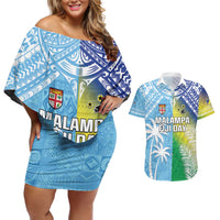 Personalised Happy Malampa Fiji Day Couples Matching Off Shoulder Short Dress and Hawaiian Shirt Half Mix Style LT05 Blue - Polynesian Pride