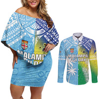 Personalised Happy Malampa Fiji Day Couples Matching Off Shoulder Short Dress and Long Sleeve Button Shirt Half Mix Style LT05 Blue - Polynesian Pride
