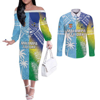 Personalised Happy Malampa Fiji Day Couples Matching Off The Shoulder Long Sleeve Dress and Long Sleeve Button Shirt Half Mix Style LT05 Blue - Polynesian Pride