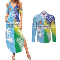Personalised Happy Malampa Fiji Day Couples Matching Summer Maxi Dress and Long Sleeve Button Shirt Half Mix Style LT05 Blue - Polynesian Pride