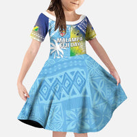 Personalised Happy Malampa Fiji Day Family Matching Off Shoulder Maxi Dress and Hawaiian Shirt Half Mix Style LT05 Daughter's Dress Blue - Polynesian Pride
