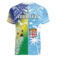 Personalised Happy Malampa Fiji Day Women V-Neck T-Shirt Half Mix Style LT05 - Polynesian Pride