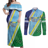 Love Malampa Fiji Day Couples Matching Off Shoulder Maxi Dress and Long Sleeve Button Shirt Together We Grow LT05 Blue - Polynesian Pride