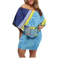 Love Malampa Fiji Day Family Matching Off Shoulder Short Dress and Hawaiian Shirt Together We Grow LT05 Mom's Dress Blue - Polynesian Pride