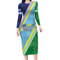 Love Malampa Fiji Day Long Sleeve Bodycon Dress Together We Grow LT05 Long Dress Blue - Polynesian Pride