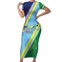 Love Malampa Fiji Day Short Sleeve Bodycon Dress Together We Grow LT05 Long Dress Blue - Polynesian Pride
