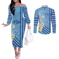 Personalised Federated States of Micronesia Couples Matching Off The Shoulder Long Sleeve Dress and Long Sleeve Button Shirt Happy 38th Independence Anniversary LT05 Blue - Polynesian Pride