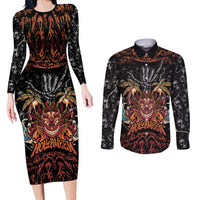 Aloha Halloween Couples Matching Long Sleeve Bodycon Dress and Long Sleeve Button Shirt Horror Tiki Heavy Metal Style LT05 Black - Polynesian Pride