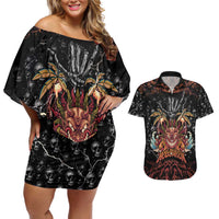 Aloha Halloween Couples Matching Off Shoulder Short Dress and Hawaiian Shirt Horror Tiki Heavy Metal Style LT05 Black - Polynesian Pride