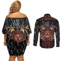 Aloha Halloween Couples Matching Off Shoulder Short Dress and Long Sleeve Button Shirt Horror Tiki Heavy Metal Style LT05 - Polynesian Pride