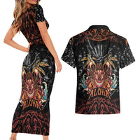 Aloha Halloween Couples Matching Short Sleeve Bodycon Dress and Hawaiian Shirt Horror Tiki Heavy Metal Style LT05 - Polynesian Pride