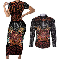 Aloha Halloween Couples Matching Short Sleeve Bodycon Dress and Long Sleeve Button Shirt Horror Tiki Heavy Metal Style LT05 Black - Polynesian Pride