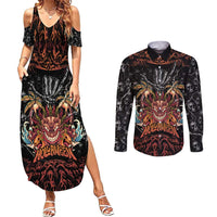 Aloha Halloween Couples Matching Summer Maxi Dress and Long Sleeve Button Shirt Horror Tiki Heavy Metal Style LT05 Black - Polynesian Pride