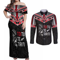 Aotearoa Toitu Te Tiriti Couples Matching Off Shoulder Maxi Dress and Long Sleeve Button Shirt New Zealand Honour The Treaty LT05 Black - Polynesian Pride