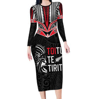 Aotearoa Toitu Te Tiriti Family Matching Long Sleeve Bodycon Dress and Hawaiian Shirt New Zealand Honour The Treaty LT05 Mom's Dress Black - Polynesian Pride
