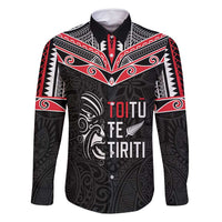 Aotearoa Toitu Te Tiriti Family Matching Tank Maxi Dress and Hawaiian Shirt New Zealand Honour The Treaty LT05 Dad's Shirt - Long Sleeve Black - Polynesian Pride