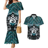 New Zealand Maori Couples Matching Mermaid Dress and Hawaiian Shirt Poutama Pikorua Turquoise Paua Shell LT05 Turquoise - Polynesian Pride
