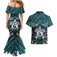 New Zealand Maori Couples Matching Mermaid Dress and Hawaiian Shirt Poutama Pikorua Turquoise Paua Shell LT05 - Polynesian Pride