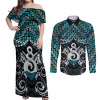 New Zealand Maori Couples Matching Off Shoulder Maxi Dress and Long Sleeve Button Shirt Poutama Pikorua Turquoise Paua Shell LT05 Turquoise - Polynesian Pride