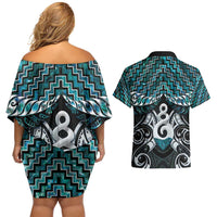 New Zealand Maori Couples Matching Off Shoulder Short Dress and Hawaiian Shirt Poutama Pikorua Turquoise Paua Shell LT05 - Polynesian Pride