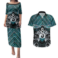 New Zealand Maori Couples Matching Puletasi and Hawaiian Shirt Poutama Pikorua Turquoise Paua Shell LT05 Turquoise - Polynesian Pride