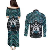 New Zealand Maori Couples Matching Puletasi and Long Sleeve Button Shirt Poutama Pikorua Turquoise Paua Shell LT05 - Polynesian Pride