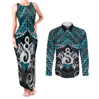 New Zealand Maori Couples Matching Tank Maxi Dress and Long Sleeve Button Shirt Poutama Pikorua Turquoise Paua Shell LT05 Turquoise - Polynesian Pride