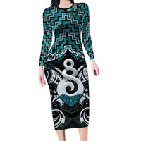 New Zealand Maori Family Matching Long Sleeve Bodycon Dress and Hawaiian Shirt Poutama Pikorua Turquoise Paua Shell LT05 Mom's Dress Turquoise - Polynesian Pride