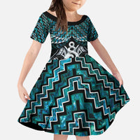 New Zealand Maori Family Matching Off The Shoulder Long Sleeve Dress and Hawaiian Shirt Poutama Pikorua Turquoise Paua Shell LT05 Daughter's Dress Turquoise - Polynesian Pride