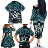 New Zealand Maori Family Matching Off The Shoulder Long Sleeve Dress and Hawaiian Shirt Poutama Pikorua Turquoise Paua Shell LT05 - Polynesian Pride