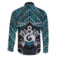 New Zealand Maori Family Matching Off The Shoulder Long Sleeve Dress and Hawaiian Shirt Poutama Pikorua Turquoise Paua Shell LT05 - Polynesian Pride