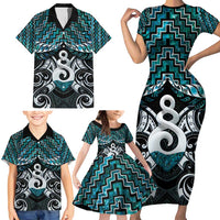 New Zealand Maori Family Matching Short Sleeve Bodycon Dress and Hawaiian Shirt Poutama Pikorua Turquoise Paua Shell LT05 - Polynesian Pride
