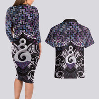 New Zealand Maori Couples Matching Long Sleeve Bodycon Dress and Hawaiian Shirt Poutama Pikorua Purple Paua Shell LT05 - Polynesian Pride