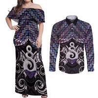 New Zealand Maori Couples Matching Off Shoulder Maxi Dress and Long Sleeve Button Shirt Poutama Pikorua Purple Paua Shell LT05 Purple - Polynesian Pride