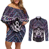 New Zealand Maori Couples Matching Off Shoulder Short Dress and Long Sleeve Button Shirt Poutama Pikorua Purple Paua Shell LT05 Purple - Polynesian Pride