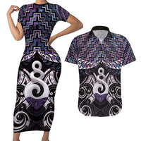 New Zealand Maori Couples Matching Short Sleeve Bodycon Dress and Hawaiian Shirt Poutama Pikorua Purple Paua Shell LT05 Purple - Polynesian Pride