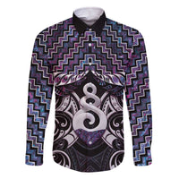 New Zealand Maori Family Matching Off The Shoulder Long Sleeve Dress and Hawaiian Shirt Poutama Pikorua Purple Paua Shell LT05 Dad's Shirt - Long Sleeve Purple - Polynesian Pride